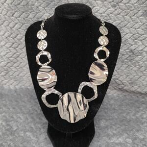 Cato Silver Tone Statement Necklace Hammered Disc Rhinestone Links Adjustable